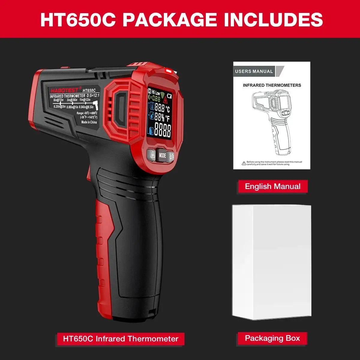 HABOTEST HT650A, HT650B, HT650C Serie Digitale Infrarot-Lasertemperatur Berührungslose industrielle Lasertemperaturmessgerät Temperatu – Detail 20