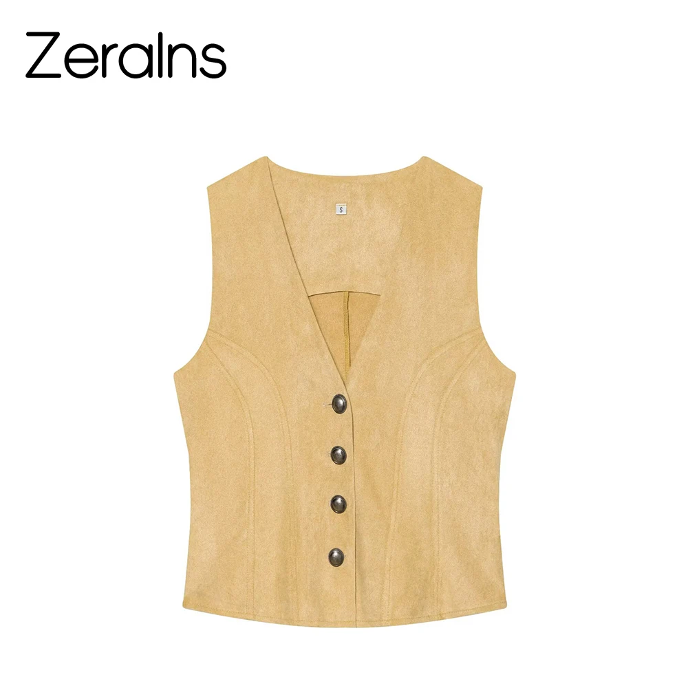 ZERAINS Summer New Product Women's Commuting Style Sleeveless V-neck Metal Button Decorative Curved Bottom Tank Top