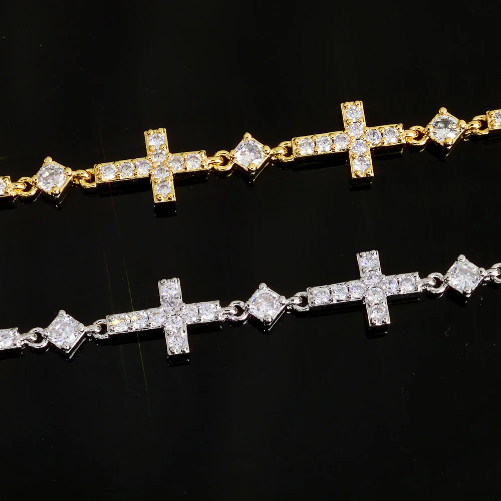 ESKEEM Luxury Gold Plated 5MM Iced Out Chain Bracelet Elastic Clasp Small Cross Design Bling Zircon Stones Fine Jewelry