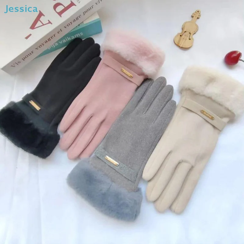 ♥Autumn Winter Warm Suede Gloves Plus Velvet Thickened Plush Decor Cuff Gloves Outdoor Coldproof Touchscreen Riding Ski Gloves
