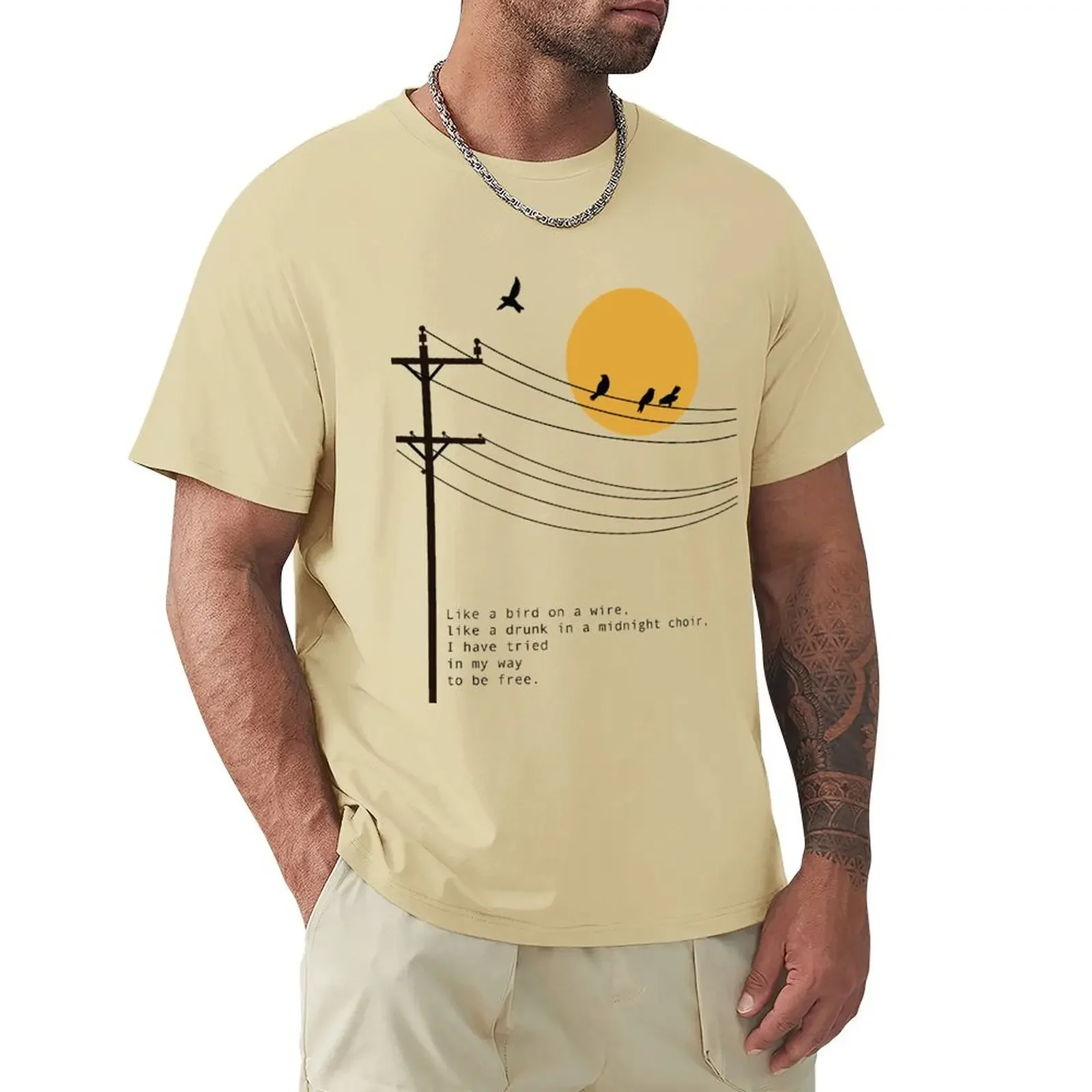 Summer Clothes Fruit of The Loom Mens T Shirts Leonard Cohen Bird on A Wire Poetry Art T-Shirt Boys Whites Men Clothing Graphic