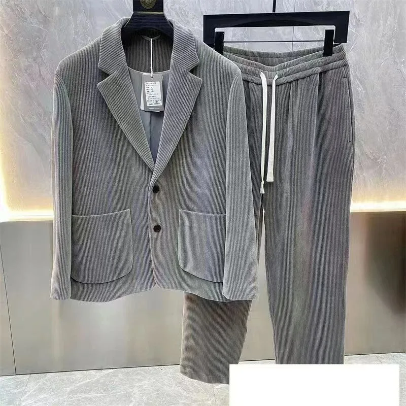 Fashion Suit Men's Spring Autumn Long Sleeve High-end Casual Korean Slim Two-piece Set Solid Wrinkle Blazer With Lining Outfits view 3
