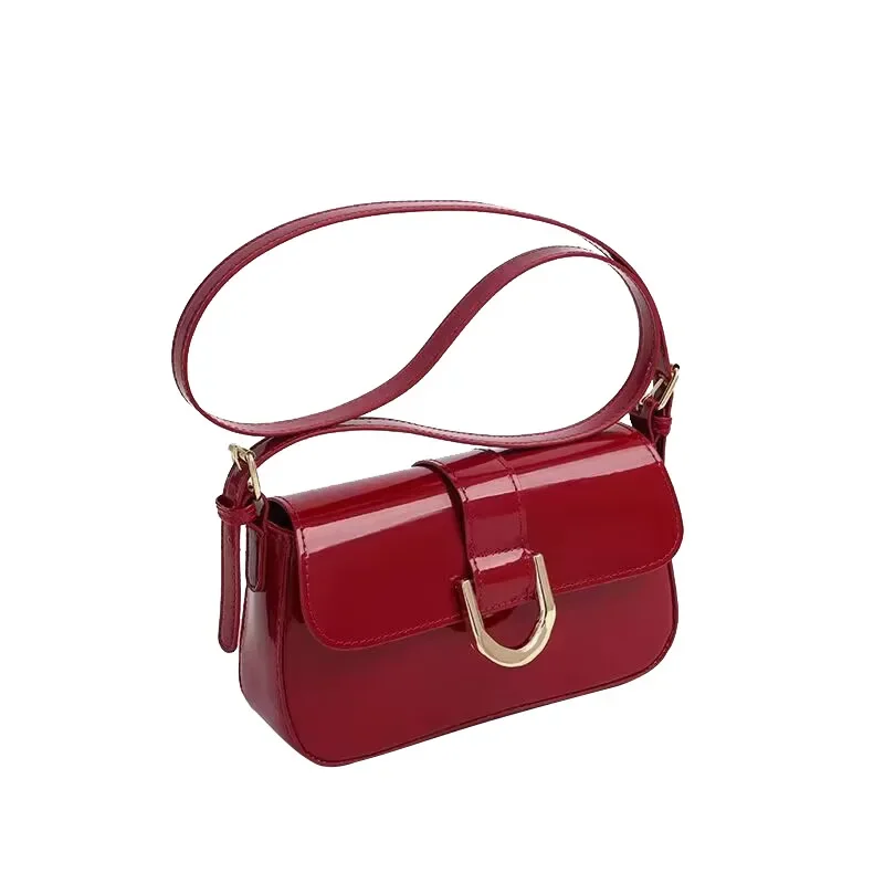 High-quality bag patent leather shiny vintage burgundy horseshoe buckle, fashionable, hand-held, underarm shoulder crossbody bag