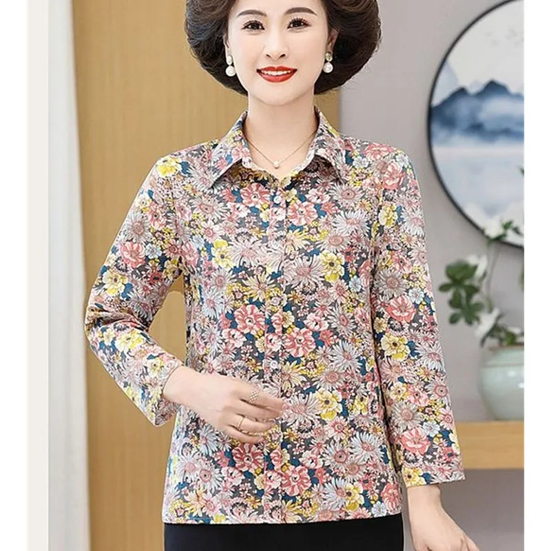 الصيف الإناث الطباعة المرقعة قميص معطف سيدة الموضة قمصان طويلة الأكمام منتصف العمر أمي حجم كبير 5XL سترة بلوزة #4