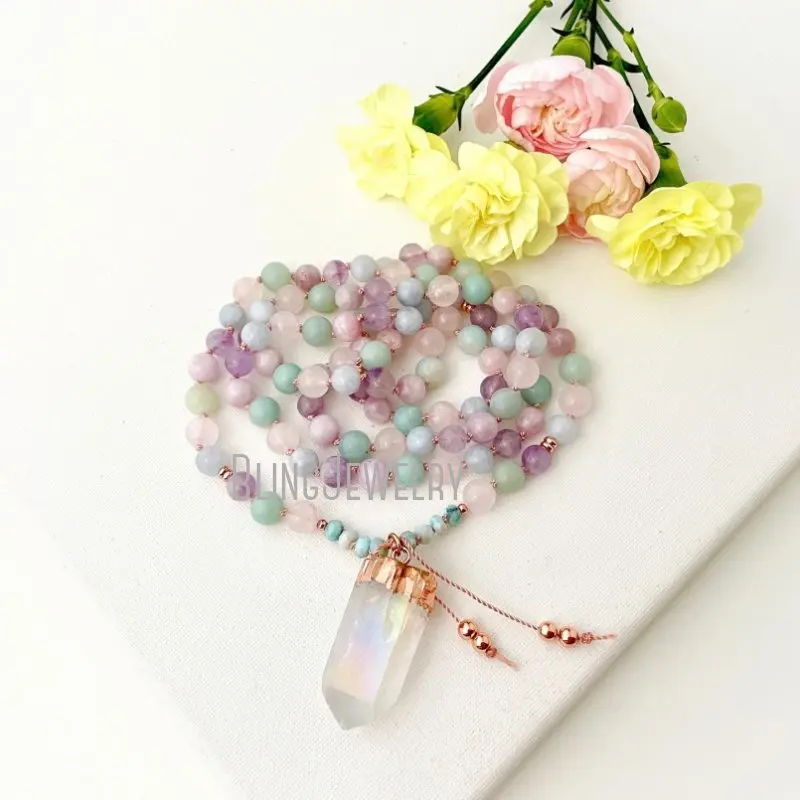 

MN43549 Goddess Mala Necklace With Larimar Kunzite Rose Quartz Amethyst Aquamarine Amazonite Beads 108 Prayer Yoga