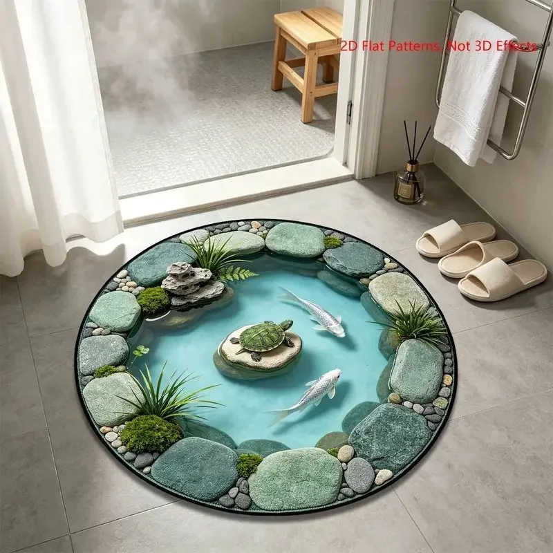 VIKAMA Zen Koi Fish Lotus Water Pebble Round Rug Japanese Garden Bathroom Mat Non Slip Home Decor Accent Soft Durable Cozy Gift