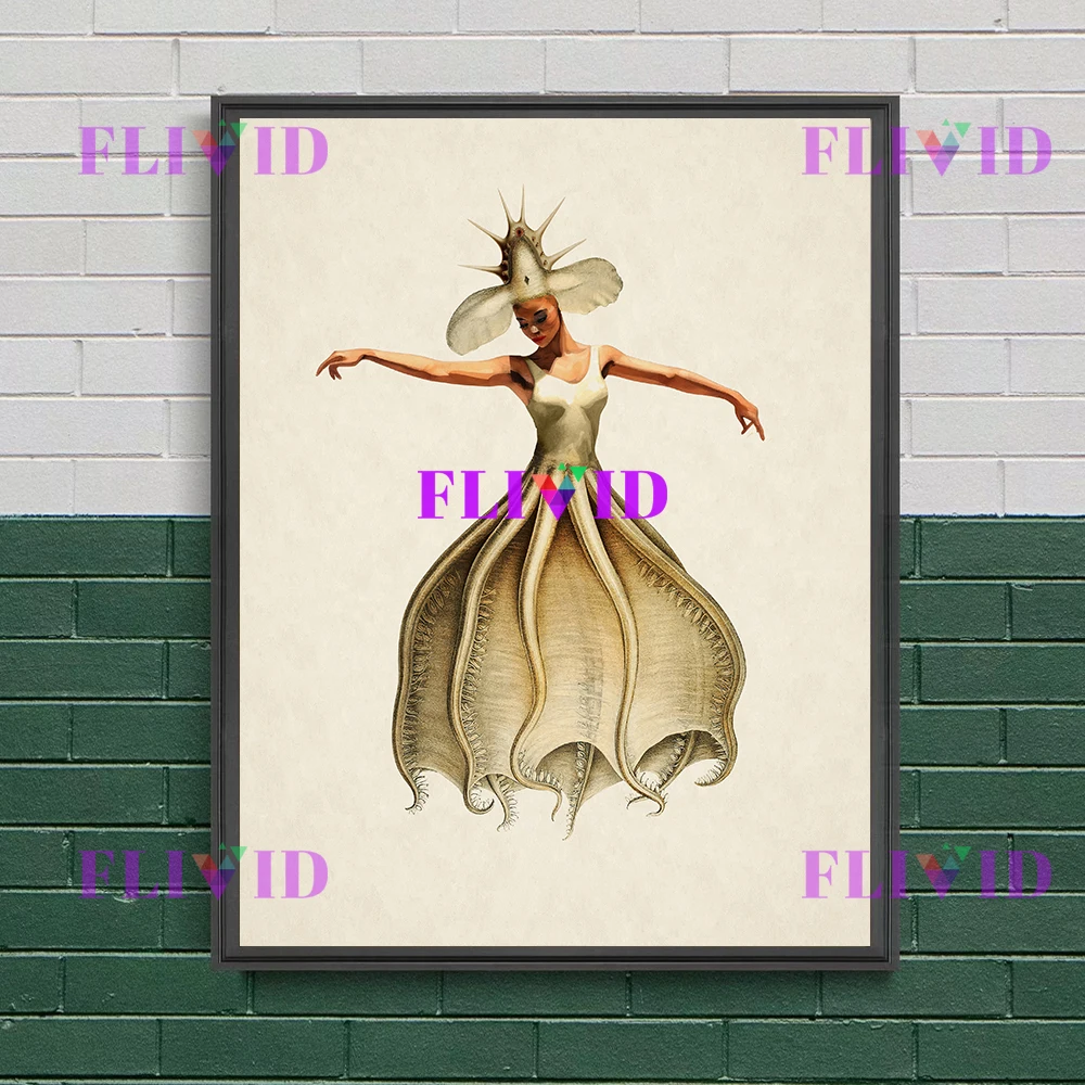 Ballet Octopus Girl And Jellyfish Girl Vintage Wall Art Canvas Print,Dancing Squid Girl Surreal Fantasy Marine Life Art Poster
