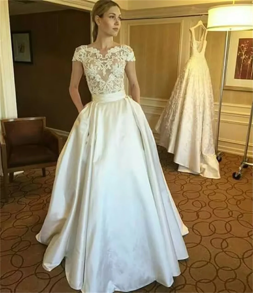 Vestido de novia de encaje con cuentas, elegante, blanco y marfil, Vintage, manga casquillo, espalda abierta, con bolsillos, 2020