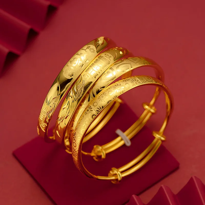 

9999 Real Gold 24K Gold Bracelet Thickened and Weighted Love Pattern Laser Printing Bracelet 10mm Push-Pull Bracelet