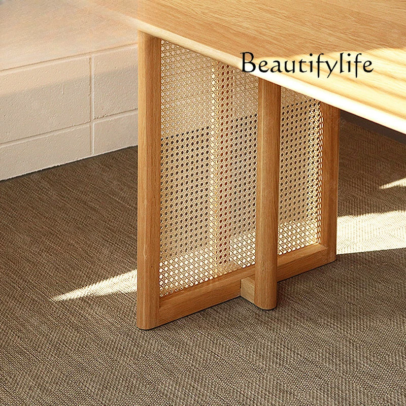 Nordic medieval rattan dining table household simple small apartment rectangular solid wood dining table