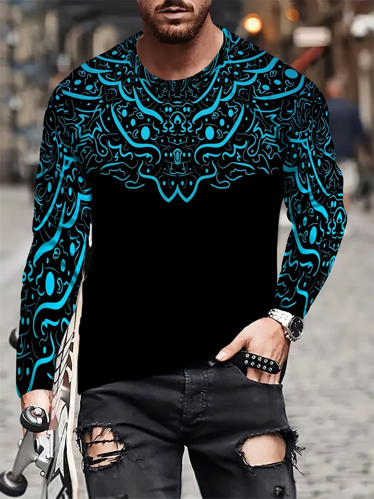 Men's Aztec Warrior Long Sleeve T-Shirt Totem Mask Graphic Tee Tribal Streetwear Casual Pullover Tops Gift New Fashion Hot view 6