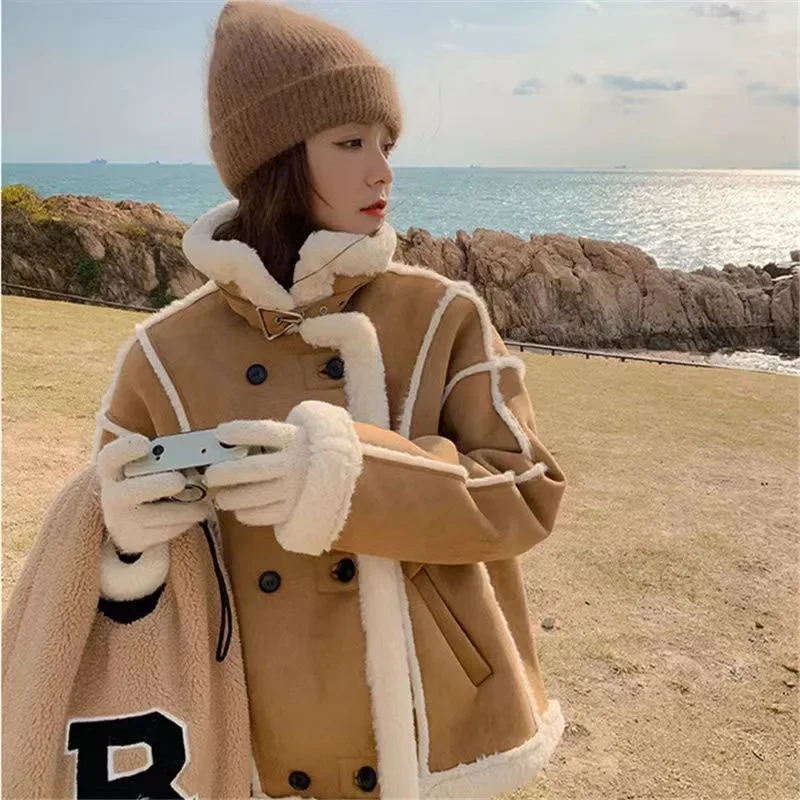 GIDYQ Winter Warm Lamb Fur Jacket Women Vintage Casual Motorcycle Cotton Coat Korean Fashion Thickened Snow Parka Outerwear New