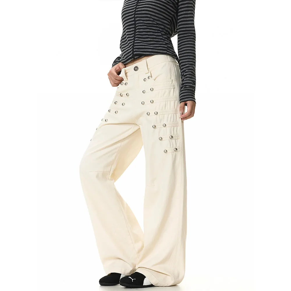 Beige Women High Waist Wide Leg Jeans Side Button Decoration Denim Pants Street Style Loose Fit Casual Daily Denim Trousers