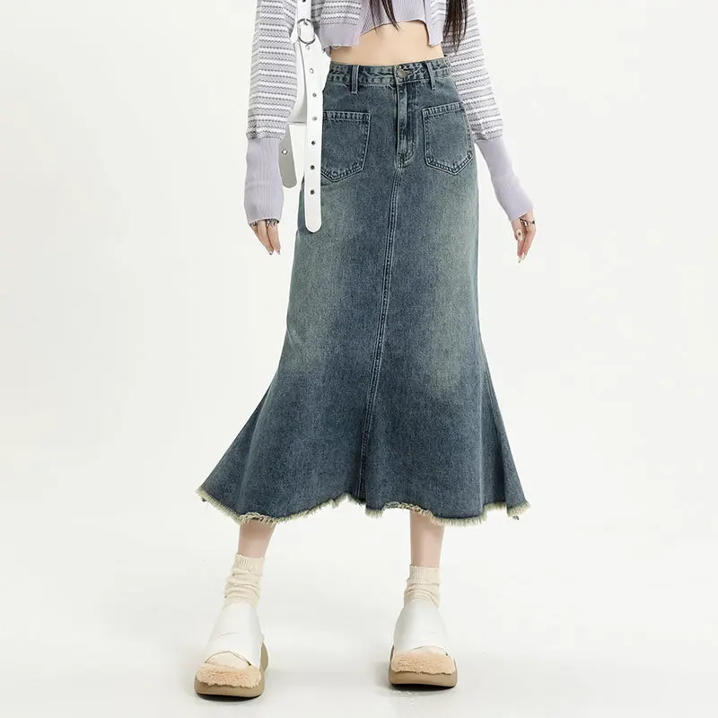 

Women's Summer Denim Skirt Raw Edge Design High Waist Slim A-line Wrapped Hip Fishtail Skirts For Women