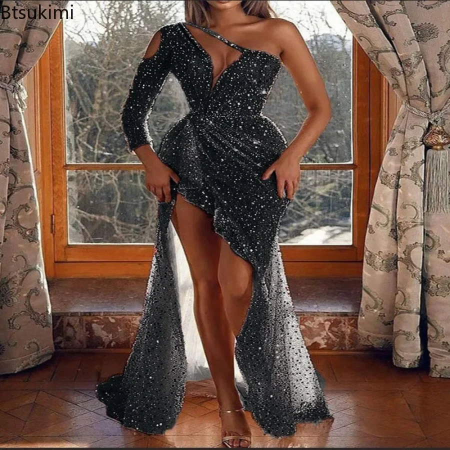 2025 Women\'s Sexy High Side Split One Shoulder Party Prom Gown Luxury Sequined Shiny Evening Dresses Elegant Floor Length Dress