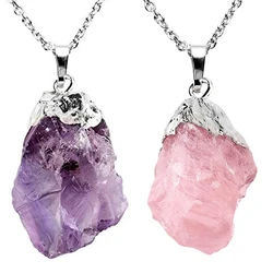 Natural Amethyst Rose Quartz Raw Stone Pendant Irregular Chakra Healing Gemstone Silver Color Edge Necklace Women Birthday Gift