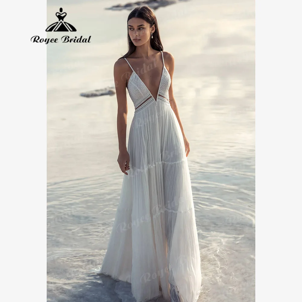 Vestido de novia bohemio con tirantes finos, traje Sexy con escote en V, Espalda descubierta, Playa civil, 2024