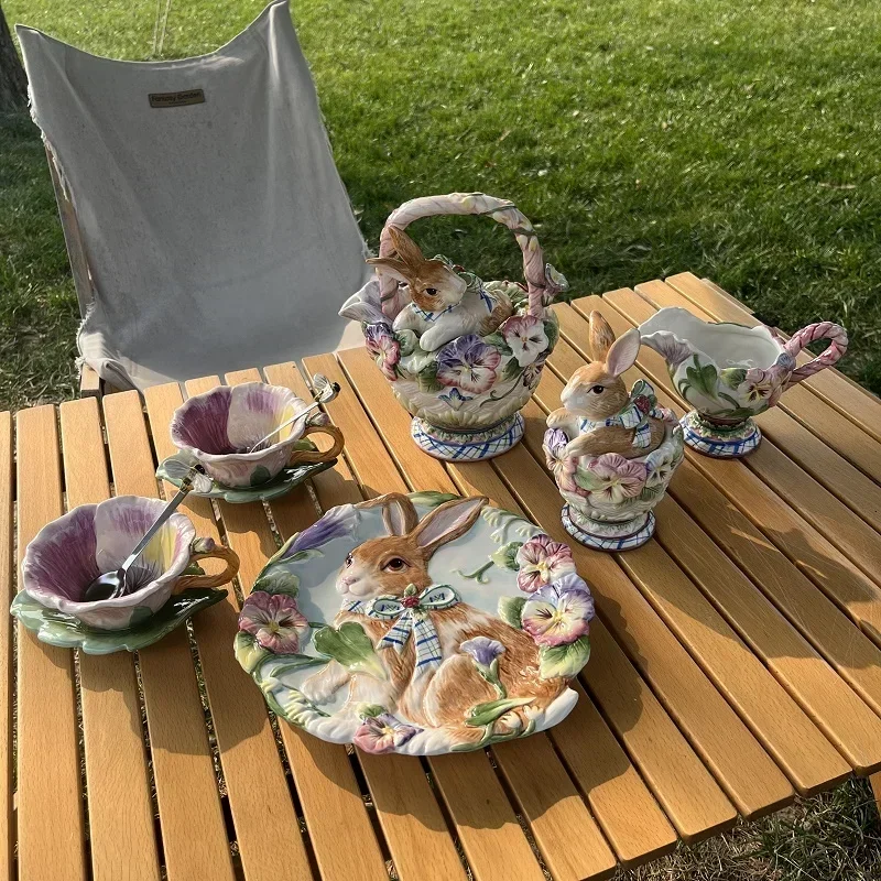 

Hand-painted Ceramic Dinner Set Rabbit Teapot Coffee Cup Plates for Enchanting Garden Afternoon TeaVintage Tableware