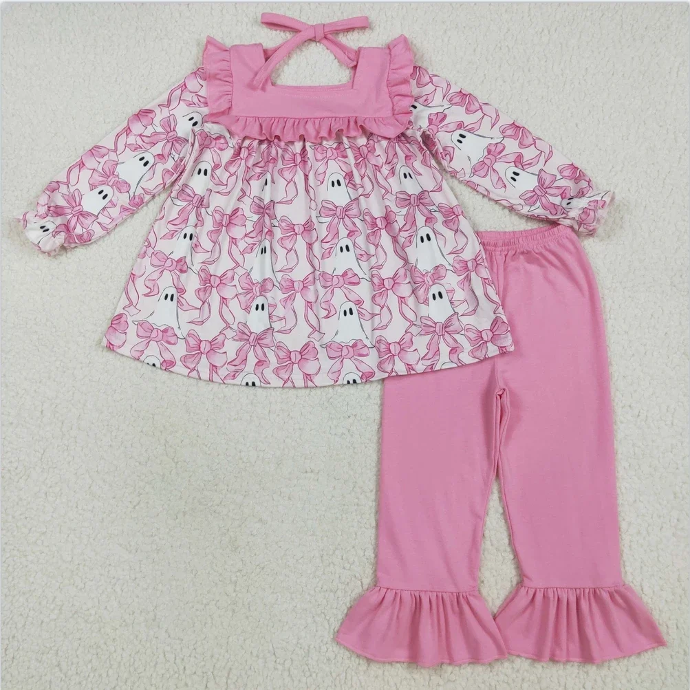 

Hot Sale New wholesale Clothes set fall winter clothes boutique Fall Halloween Pink Bows Ghosts toddler girls outfits Clothes