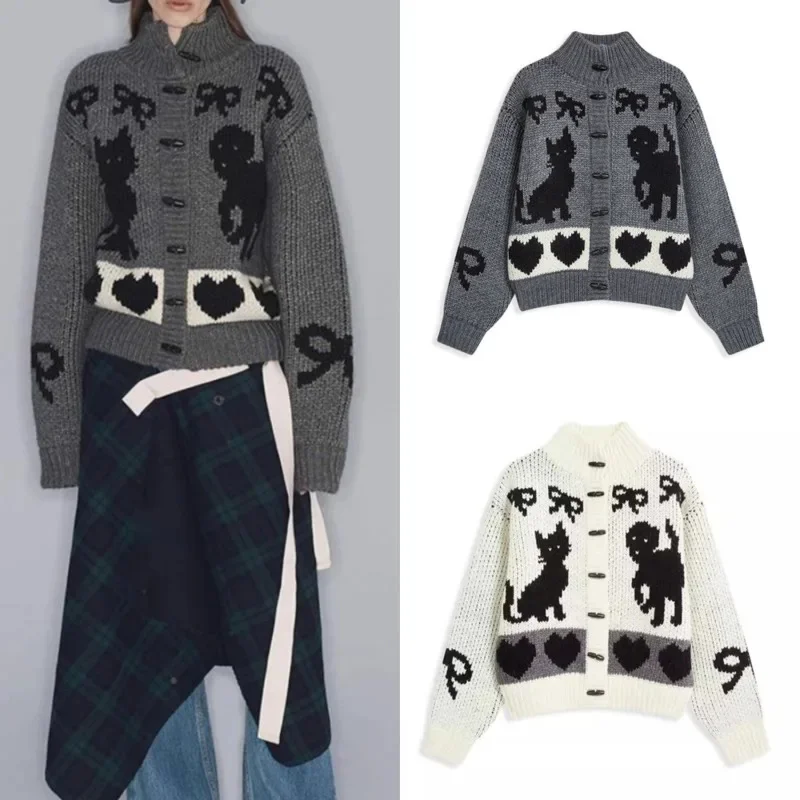 Bow Love Tie Sweater Cat Dog Cardigan Women Winter Korea Y2K Kawaii Sweet Hollow Out Loose High Street O-Neck Long Sleeved Top