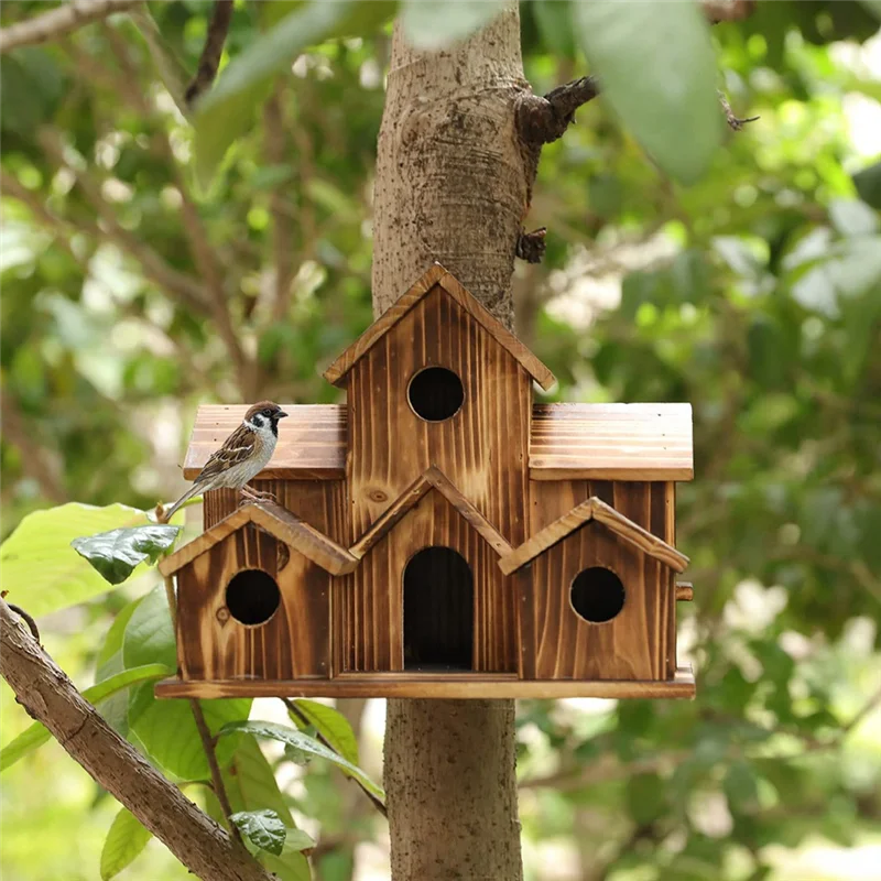 Hanging Wooden Bird House for Outside 6 Hole Wooden Bird House Courtyard Backyard Decorations