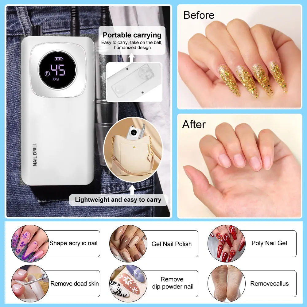 Taladro eléctrico portátil para uñas, 45000 RPM, recargable para esmalte de uñas de Gel, lima de uñas portátil, herramientas para salón de manicura y hogar