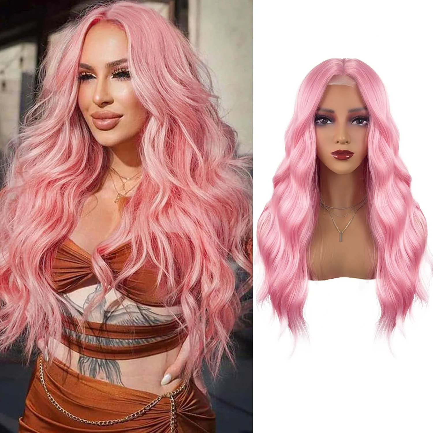 Cosplay Women Middle Part Corn Perm Big Wave Lace Scalp Simulation Wig Pink Black Long Shoulder Length Wig for Women Daily