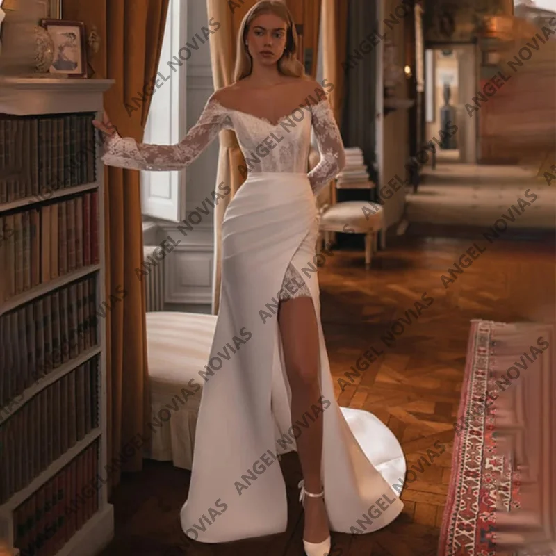 Long Sleeves Sexy Mermaid Wedding Dress with Split Appliques Sweetheart Lace Wedding Gown Vestidos De Novia
