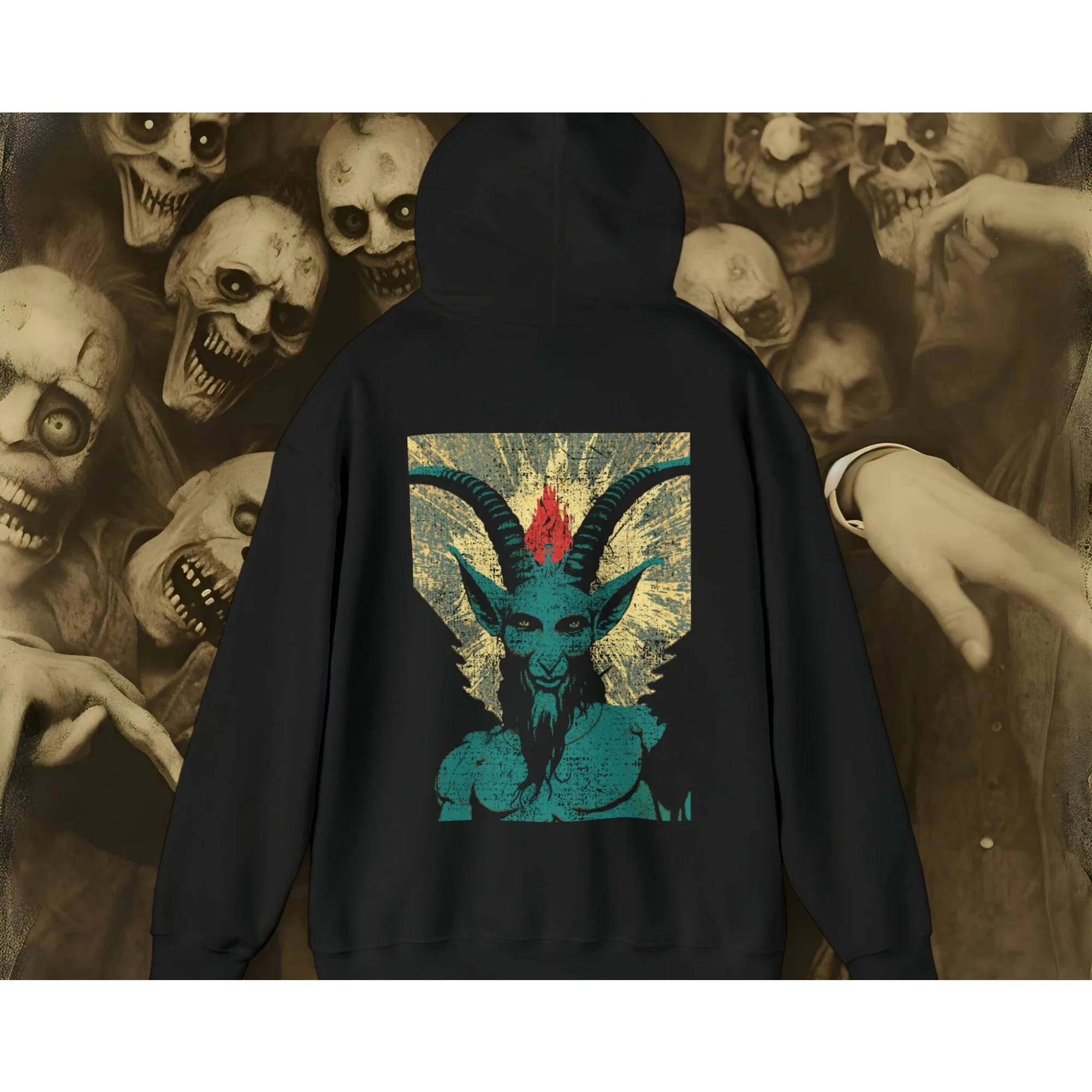 الرجال هوديي المتضخم القوطية Baphomet الماعز طباعة الرعب الشارع الشهير البلوز الأسود مقنعين البلوز