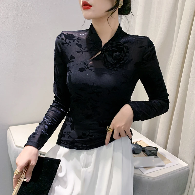 MadBlack European Clothes T-Shirts Long Sleeve Tee Women Sexy Mandarine Collar Print Flower Slim Mesh Top Autumn Winter T39513JM