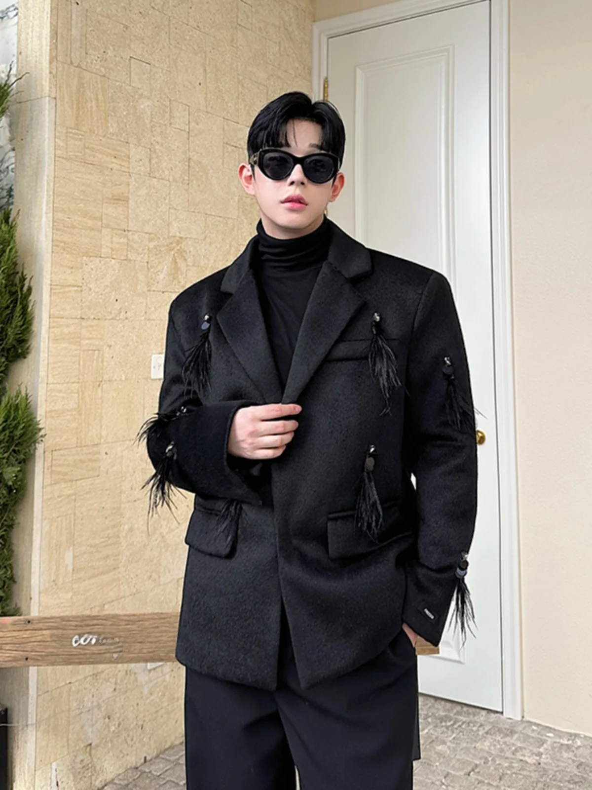 

Handmade Feather Lapel oulder Padded Men's Suit Jaet Winter Faionable Loose Fit Woolen Coat Four Seasons Versatile Sle
