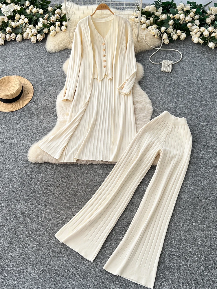 Chaleco de punto V-Ne Svel, pantalones sueltos de cintura alta, conjunto Faion para mujer, temporada de otoño, ropa de trabajo informal y ligera