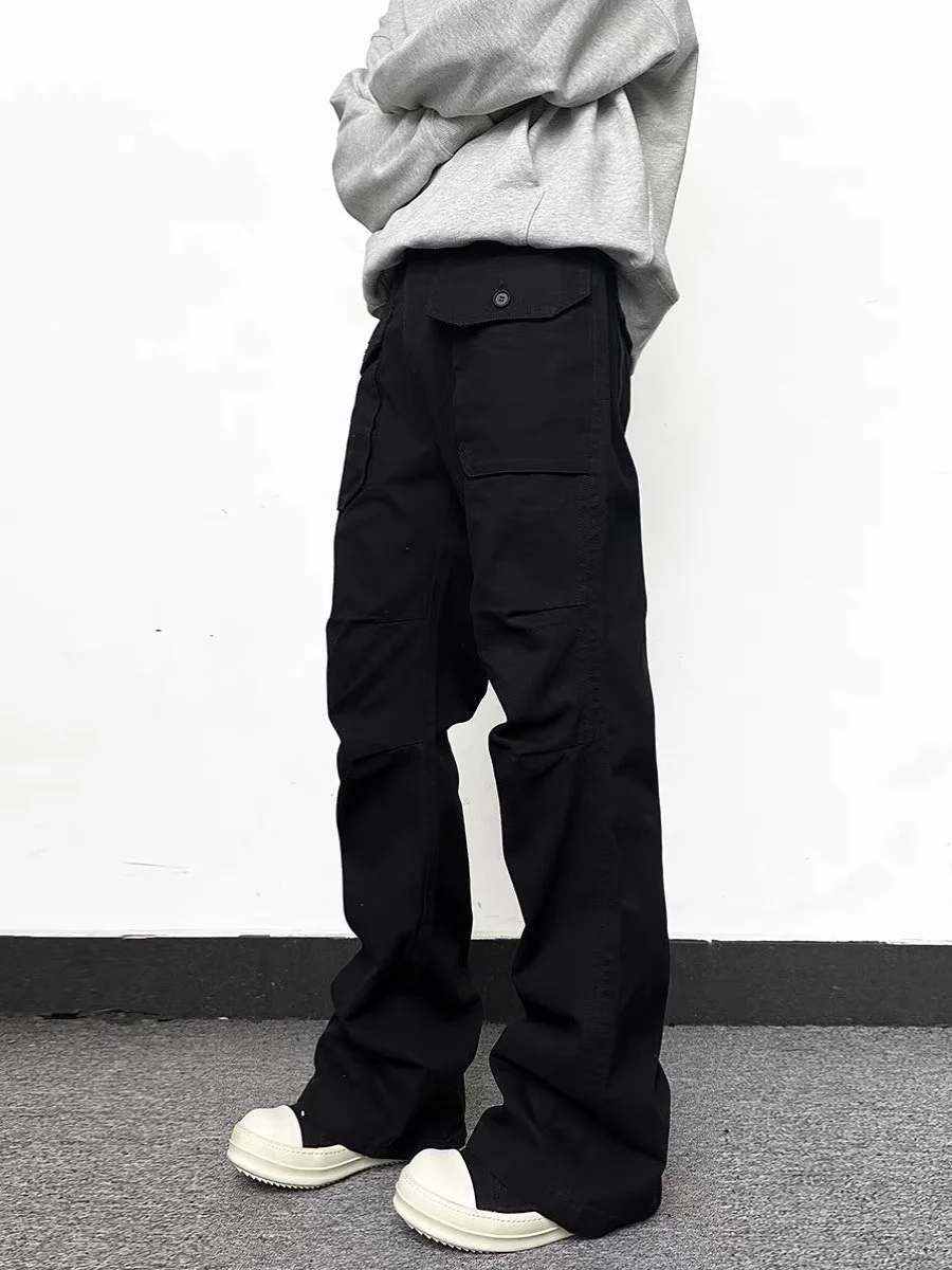 Celana Kargo Pria American High Street Sle dengan Kets Celana Panjang Pakaian Kerja Menyala Mikro Retro Berlipat untuk Perjalanan