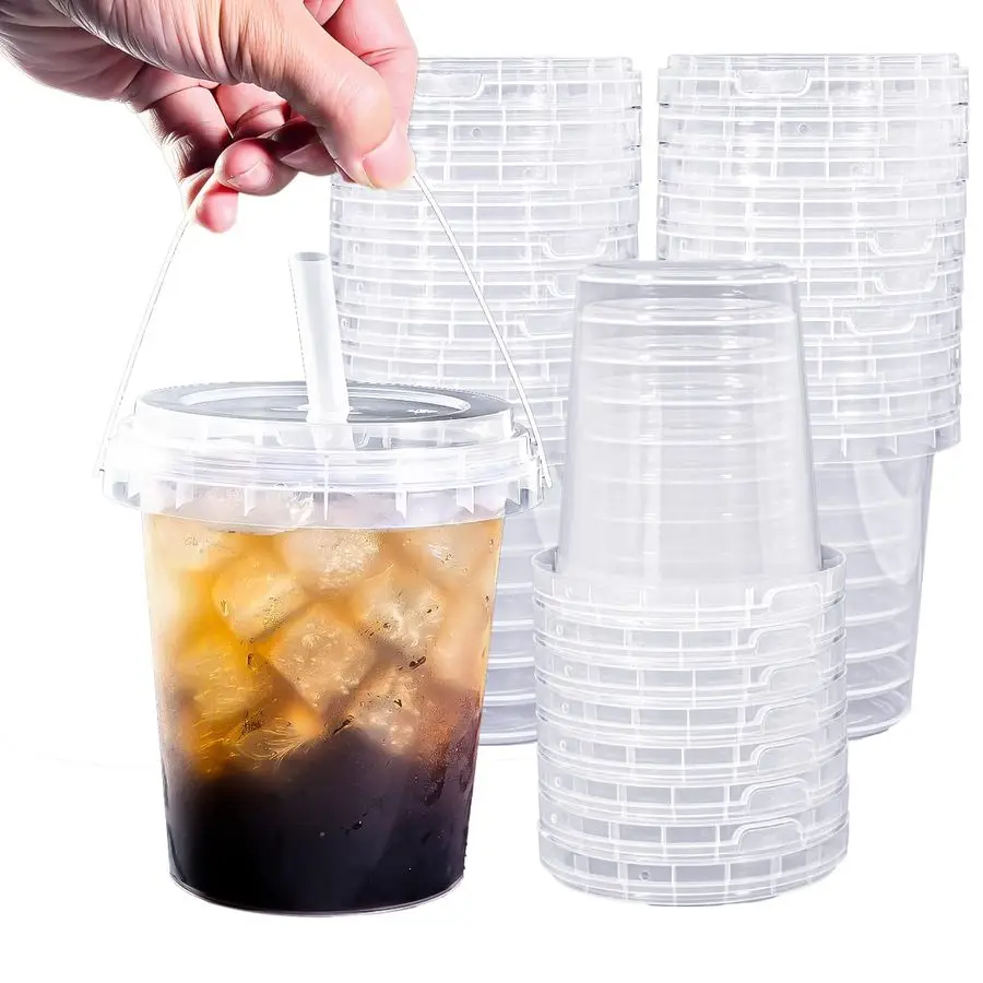 

of 60 Large Plastic Cups with Lids and Straws 34oz Disposable Coffee Cups Clear Cups for Drinks Packs and Takebacks
