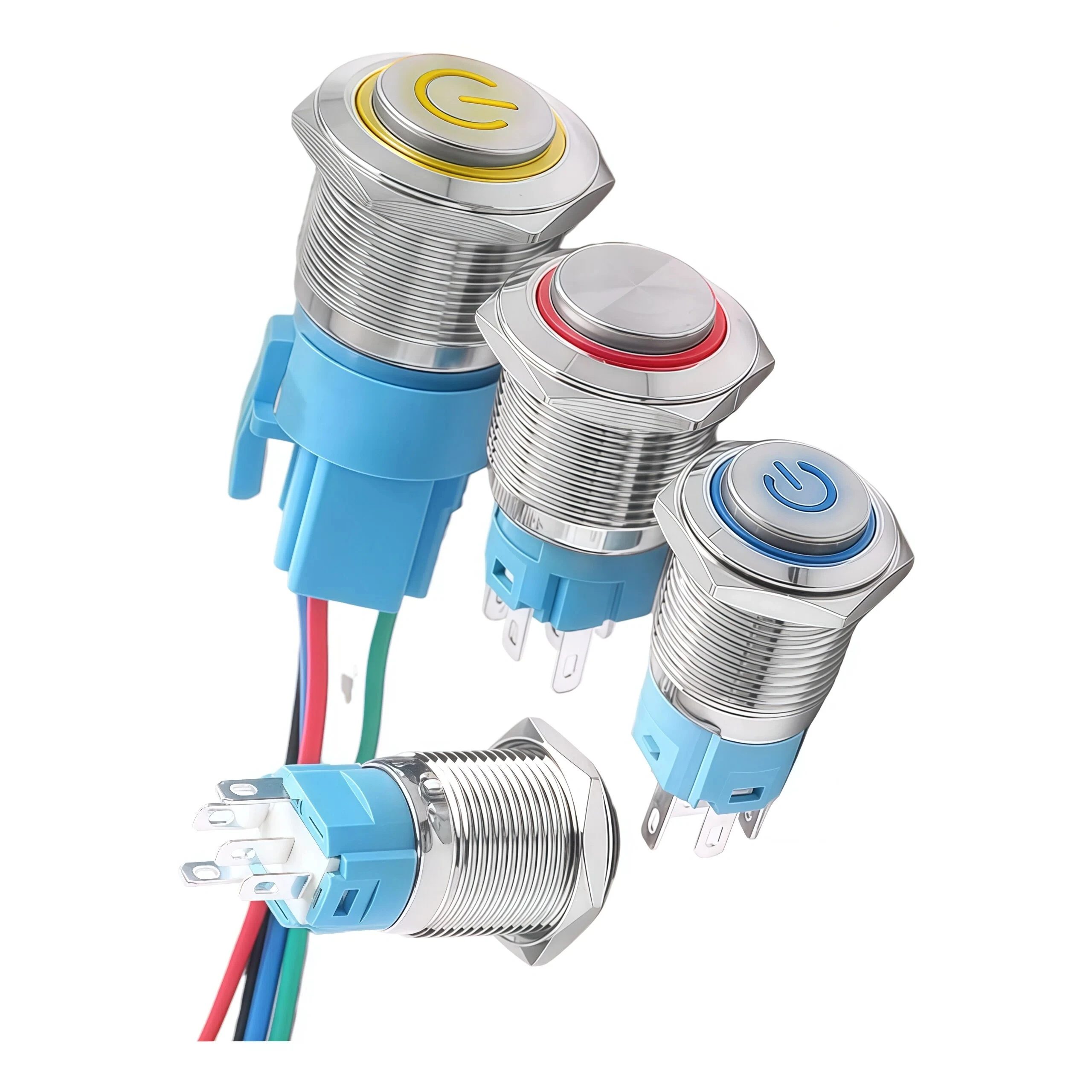 مفتاح زر ضغط معدني 16/19/22 مم، رأس عالي، قفل/إعادة ضبط ذاتي، مقاوم للماء، مضاء، 5 فولت/24 فولت/220 فولت