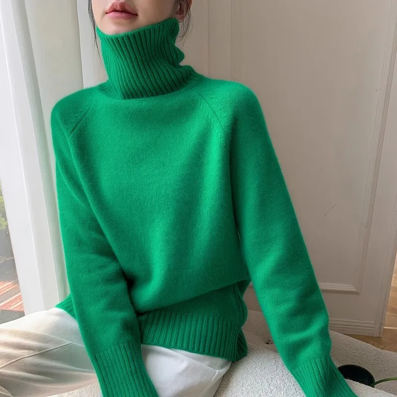 Women's 2024 Autumn/Winter New Arrivals, Loose-Fitting High-Neck Pure Cashmere Sweater, Solid Color Innermere Knitted Baseline S