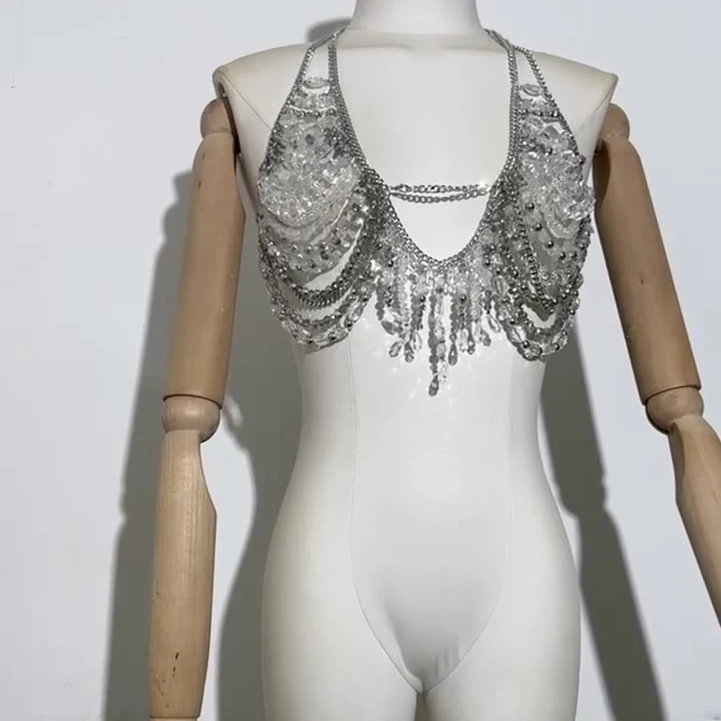 Sexy Handmade Hollowed Out Iron Chain Bars Beaded Suspenders Blouse Hanging Neck Backless Chest Decoration Shawl Body Chain