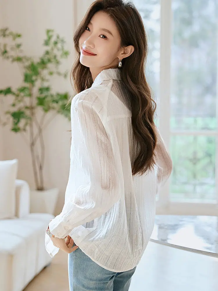 Elegant Fashion Harajuku Slim Fit Outerwear Solid Button Thin Style Hollow Out Long Sleeve Blusa Casual All Match Female Clothes