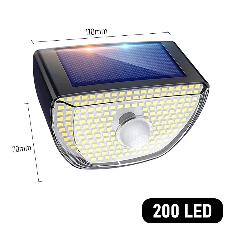 Luz Solar LED ultrabrillante para exteriores, 200LED, IP65, impermeable, 3 modos, Sensor de movimiento, detección humana, jardín, patio, garaje