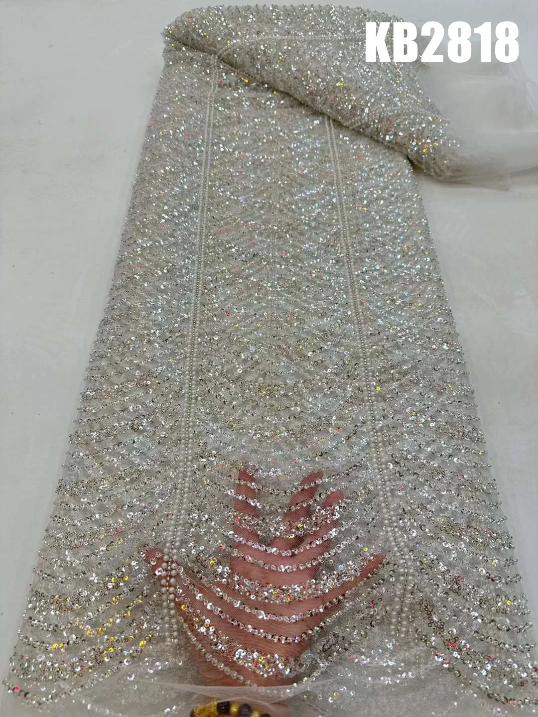 Handmade Gold Beaded Lace Fabric with Sequence Evening Dresses Luxury 2023 White Pearl And Crystal French Mesh For Sewing KB2818