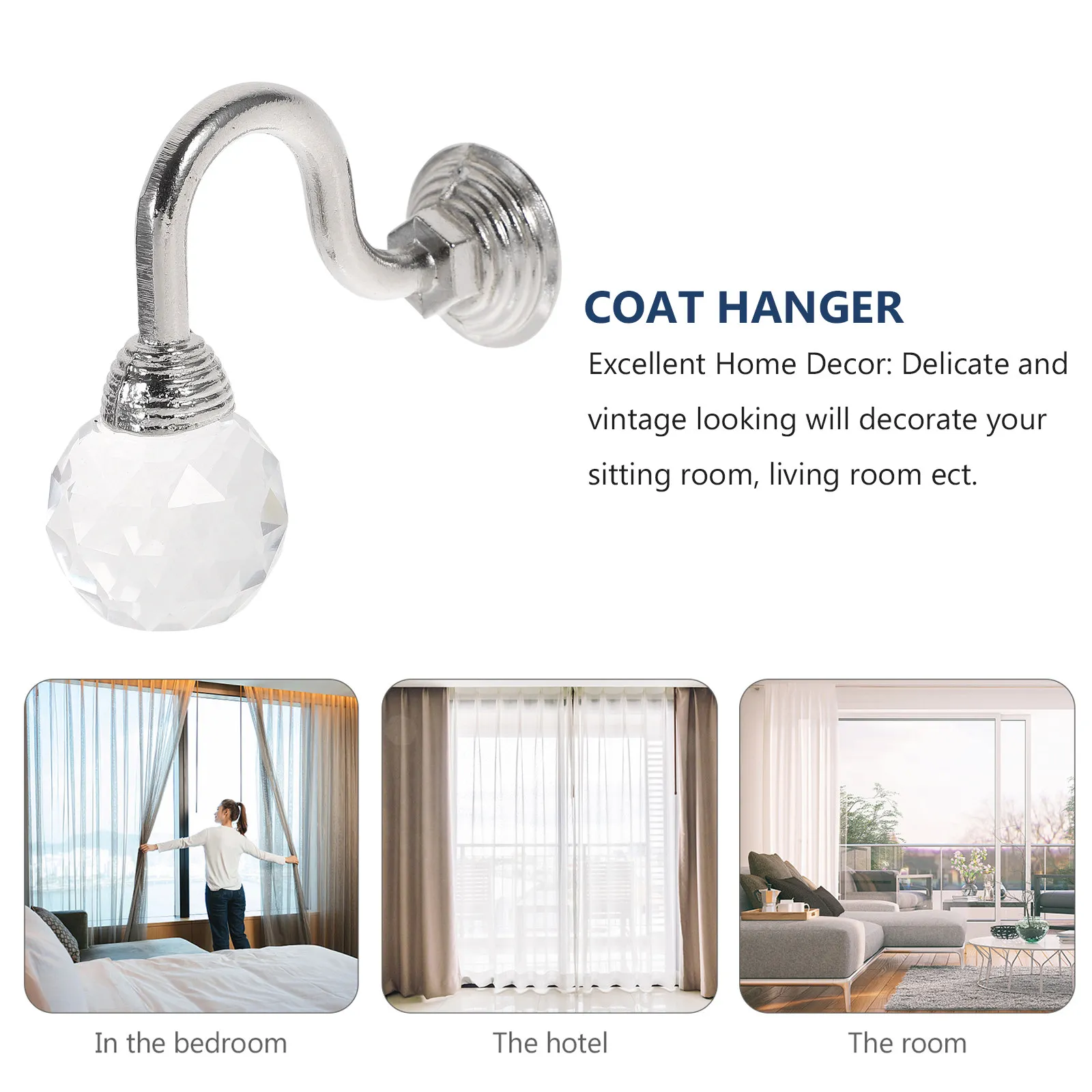 Clear Crystal Curtain Holdback Hooks – Heavy-Duty Zinc Alloy, UV-Bonded, Wall-Mounted Tassel Style, 2-Pack