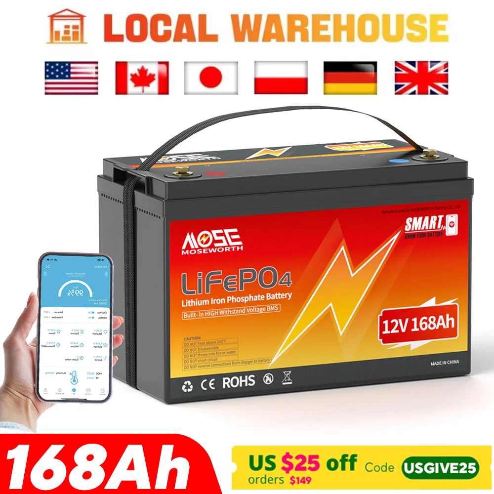 

12V 168Ah LiFePO4 Lithium Battery Bluetooth Low Temp Protection 12V Lithium Battery Up to 15000 Cycles for Trolling Motors Marin