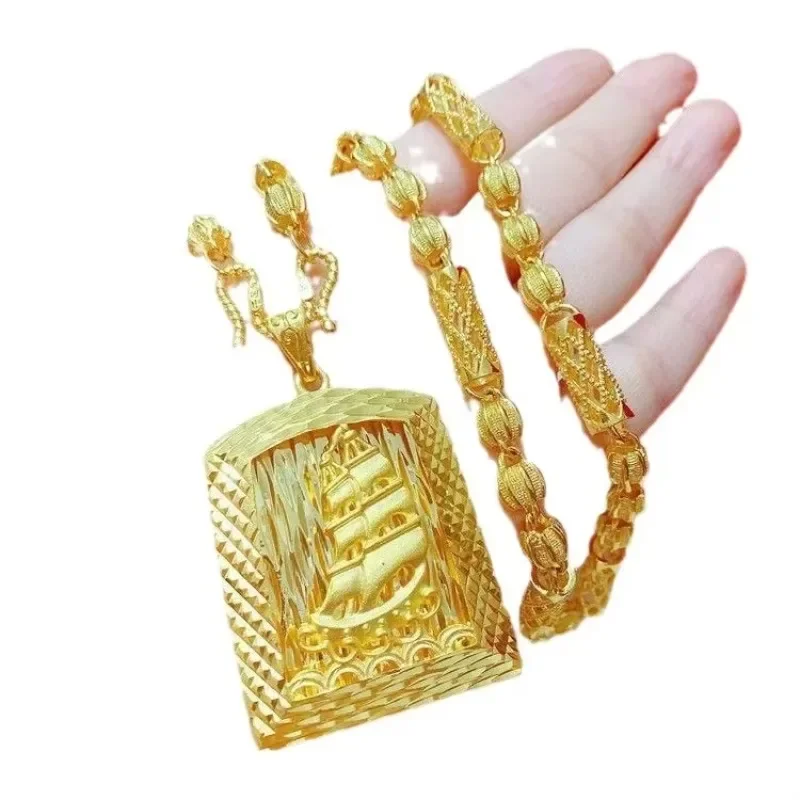 GoldAether 9999 24K Real Gold Smooth Sailing Necklace Pendant Hollowed Out Car Flower Bamboo Chain Domineering Men's Chain Gold