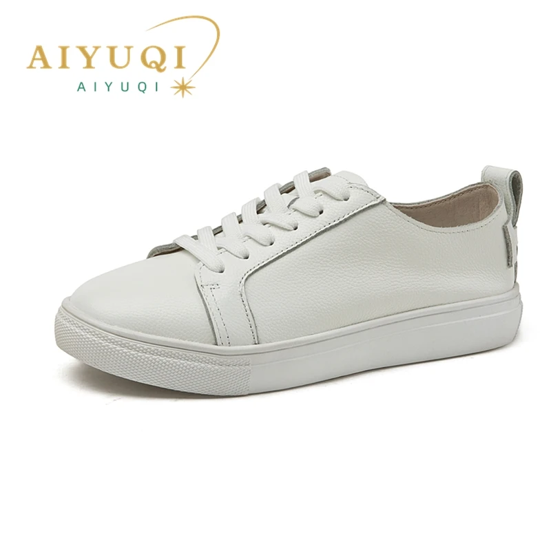 AIYUQI Women\'s Sneakers Genuine Leather 2024 New Casual Round Toe Flat Sneakers Women Lace-up White Shoes Ladies