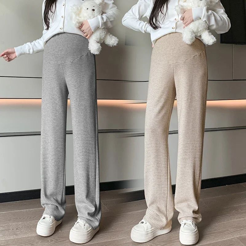 Casual Youth Pregnancy Wear Striped Maternity Straight Long Pants 2024 Spring Fashion Elastic Waist Clothes for Pregnant Women