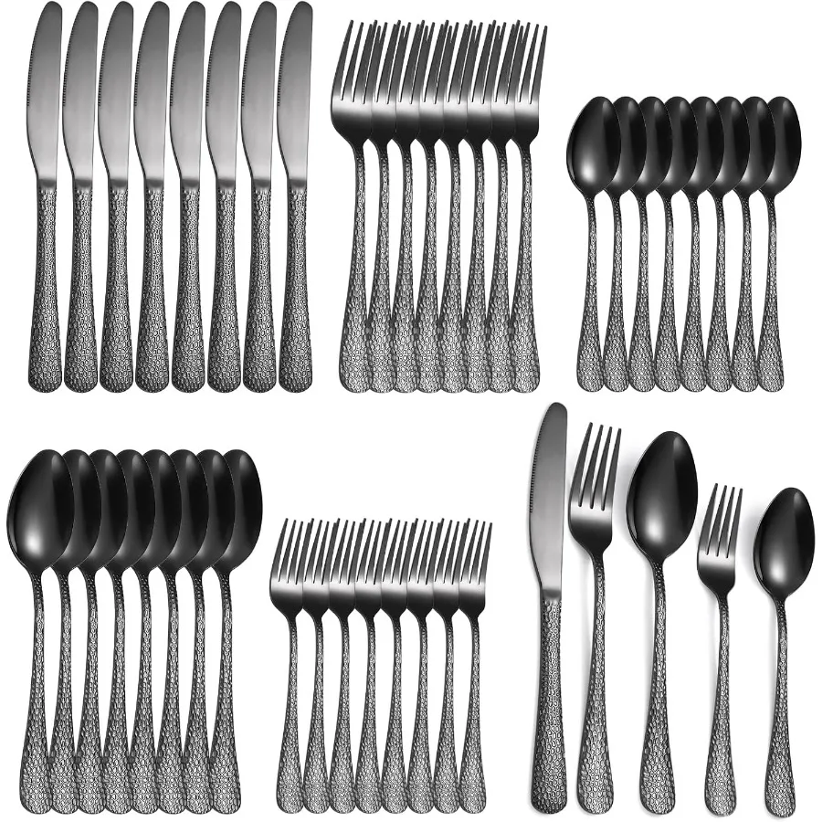 

Набор столовых приборов из черного кованого серебра, 8 столовых приборов из нержавеющей стали, винтажные, 40 предметов, включает нож, вилку, ложку, подходящий вес для вечеринок Re