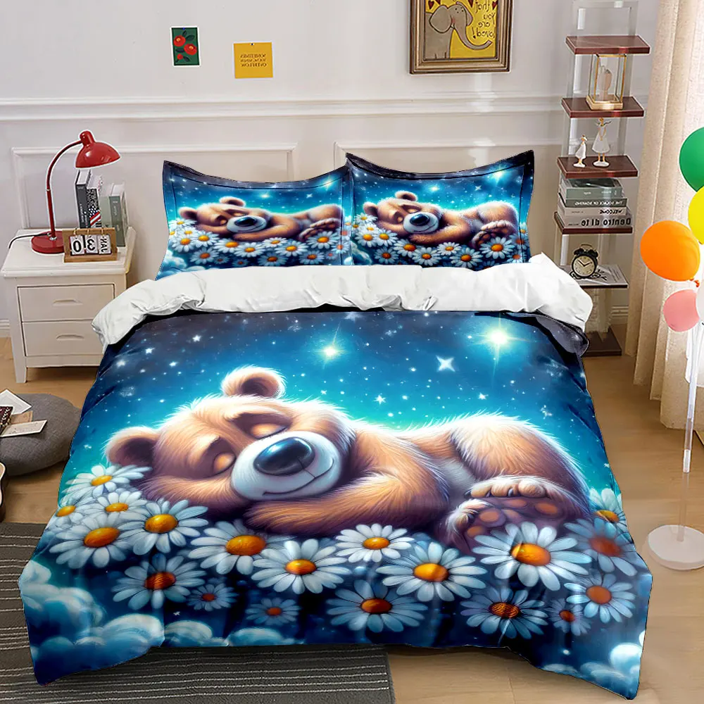 

Dreamy Bear with Daisies Print Soft Comfortable Duvet Cover Bedding Set Included 1*Duvet Cover 2*Pillowcases Luxury Gift