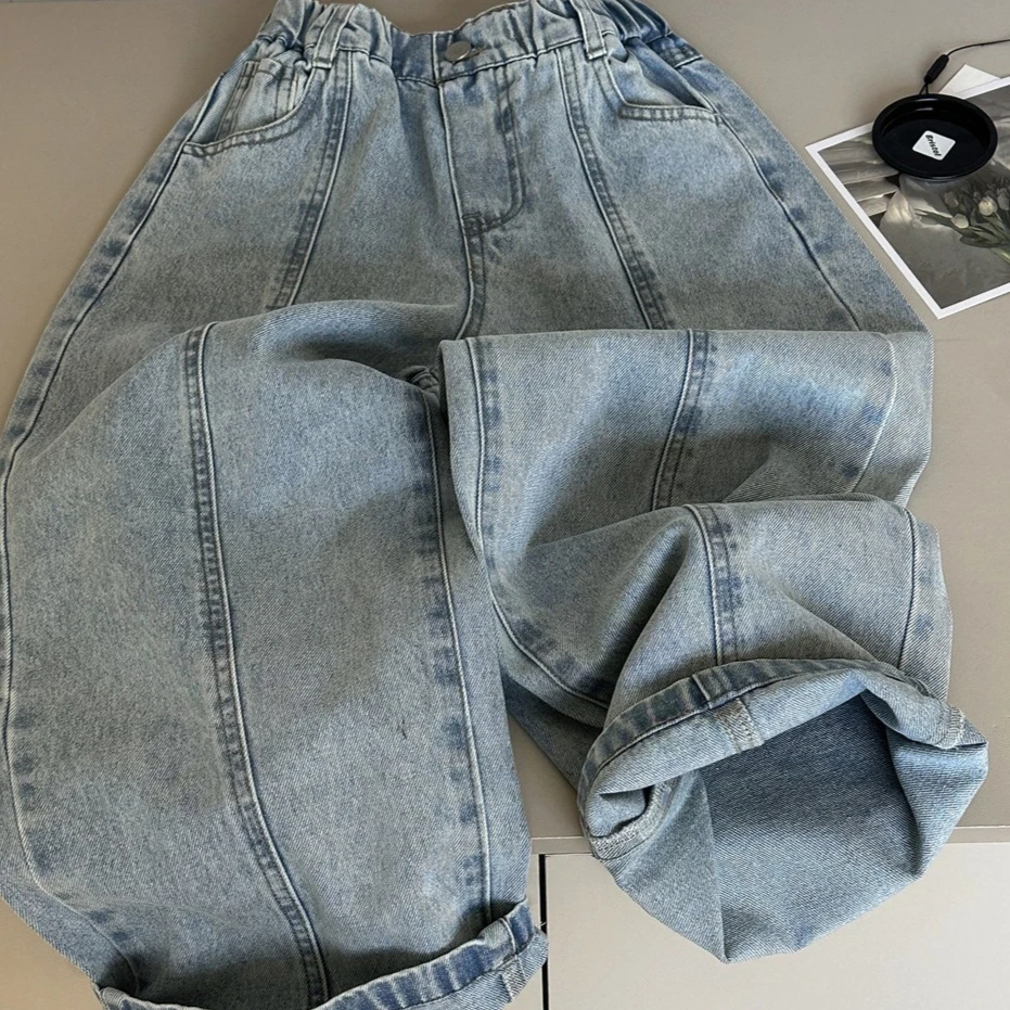 Boys Pants 2026 Spring and Summer New Childrens Clothes Korean Style Boys and Girls Fashion Light Blue Straight Jean Pants