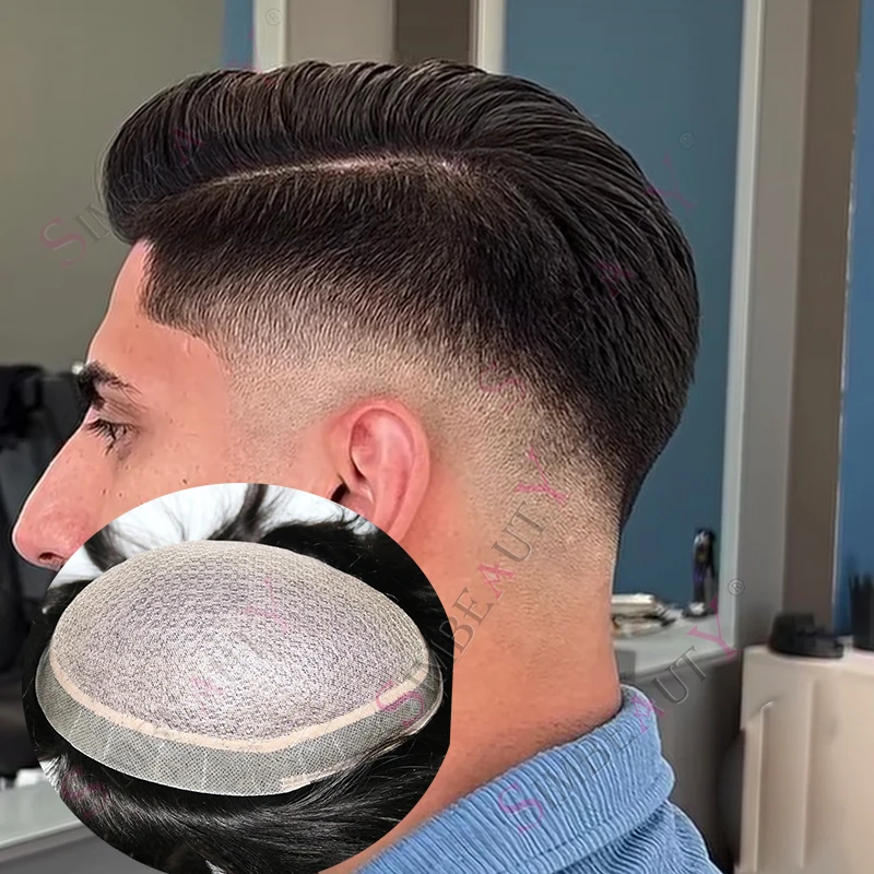 

Natural Hairline Scalp Toupee Silk Top Base Skin PU Around Undetectable Man Wig Asian Lace Black Human Hair Replacment System