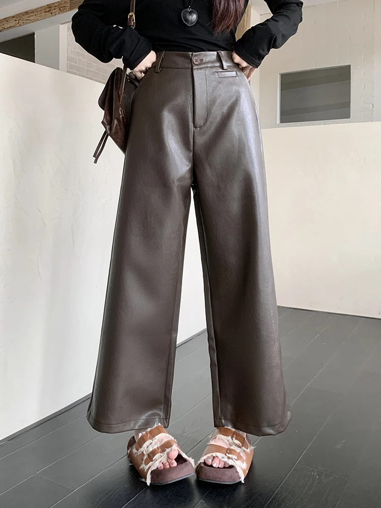 Vintage Micro Flare PU Leather Pants Women Casual Ankle-Length Pants Loose Wide Leg High Waist Autumn Winter Pants Pocket Pants